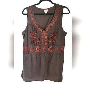 Venezia Sleeveless Blouse Top. Brown Orange Embroidery. Size 18